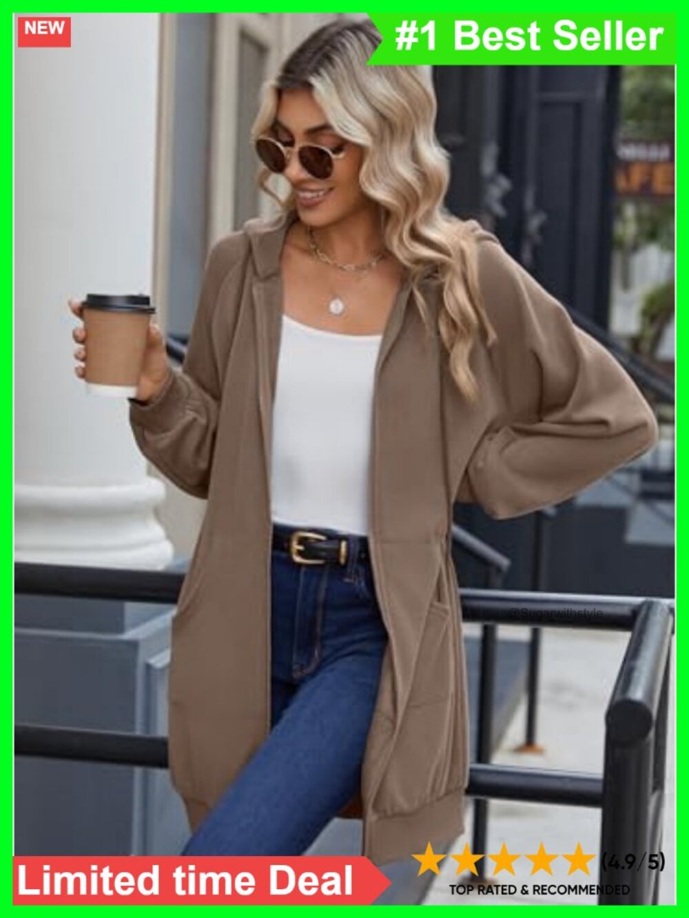 Women's Zip Up Hoodie Long Sleeve Tunic Sweatshirt Oversized - Picture 2 of 6